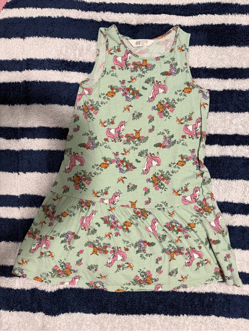 H&M Mint Green Tank Dress with Pink Unicorns and Floral Print 8Y